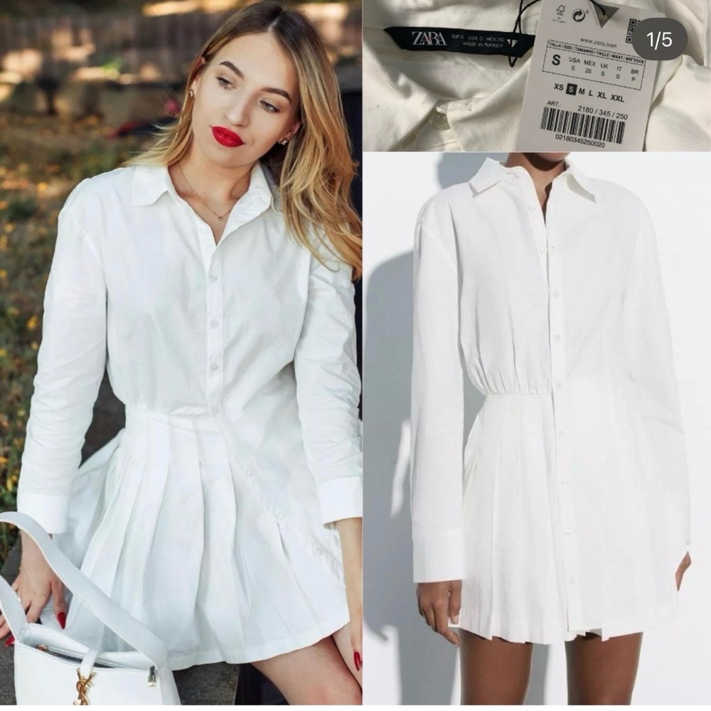 Zara White Pleated Mini Shirt Dress